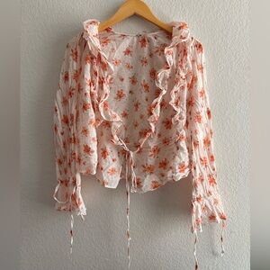 Free People Amanda Ruffle Floral Printed Wrap V Neck Long Sleeve Blouse Top S